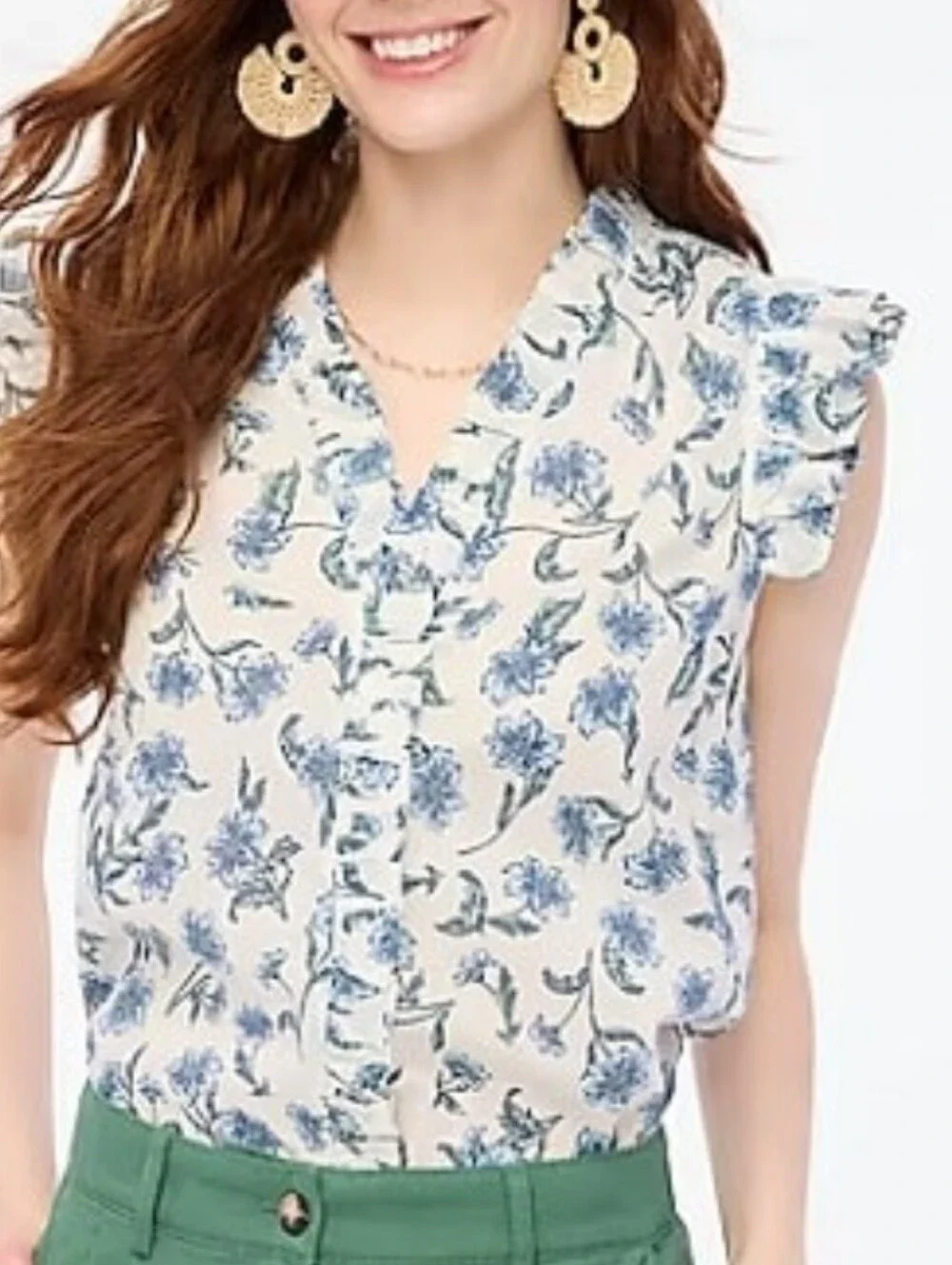 J. Crew Cream Sleeveless Ruffle Floral Camisole with Blue Print